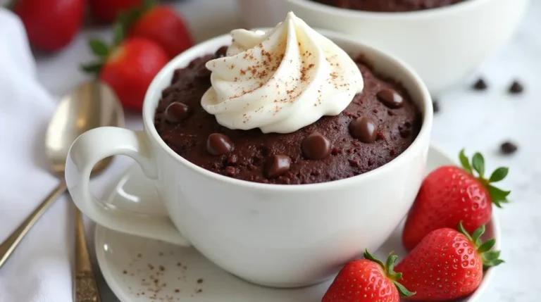 "A chocolate mug cake with a mushy texture inside a white ceramic mug, surrounded by baking ingredients."