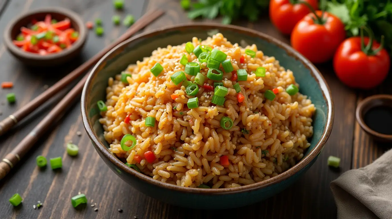 Steaming plate of vegetarian chicken fried rice with green onions and sesame seeds