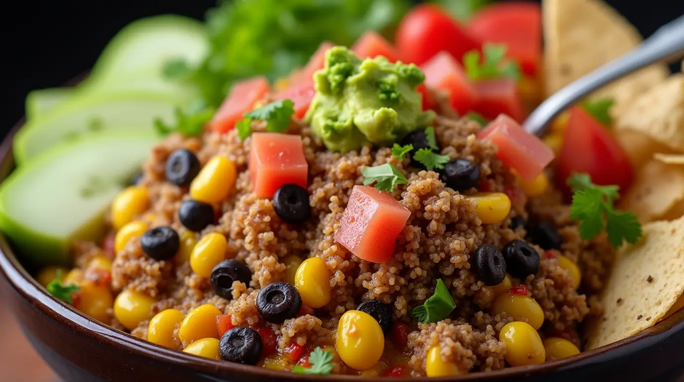 : Layered taco dip with meat, cheese, sour cream, and fresh toppings, served with tortilla chips.