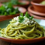 bowl of Espagueti Verde (Green Spaghetti) with creamy poblano sauce and cheese garnish.