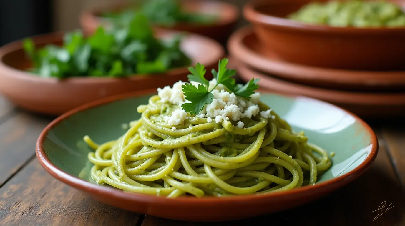 bowl of Espagueti Verde (Green Spaghetti) with creamy poblano sauce and cheese garnish.
