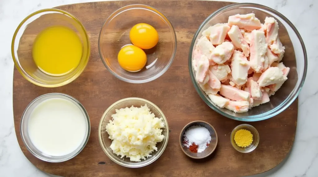 Crab Brulee ingredients neatly arranged on a wooden board