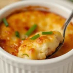 Crab Brulee with a caramelized sugar crust, served in a ramekin with chives.