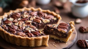 A close-up shot of a freshly baked Brownie Pecan Pie with a fudgy chocolate layer and caramelized pecan topping.