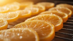 Fresh homemade candied orange slices cooling on a wire rack