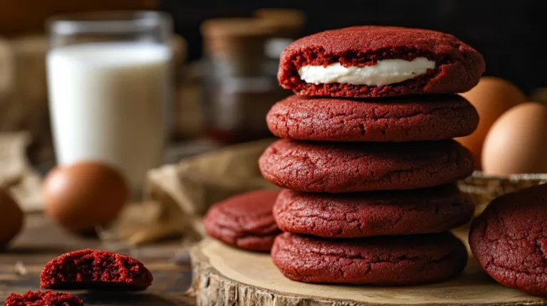Freshly baked Stuffed Red Velvet Cookies with cream cheese filling
