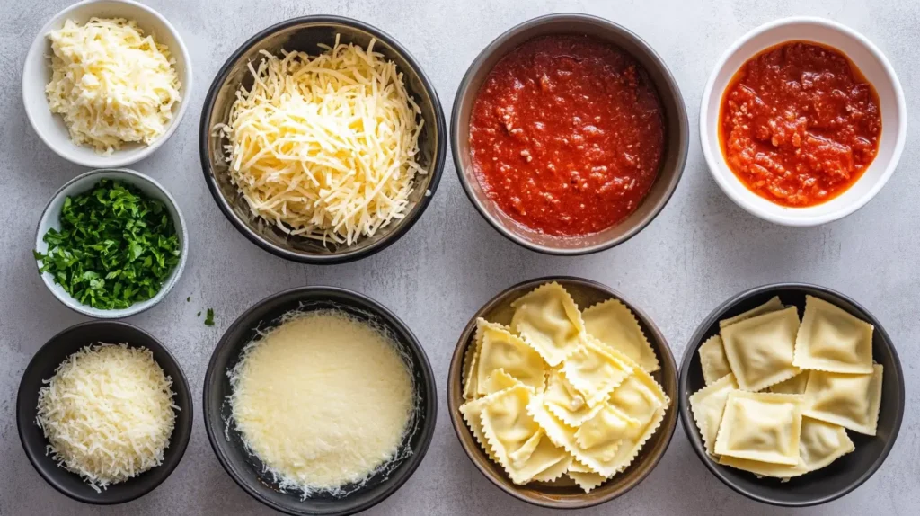 Text: Step-by-step guide to layering Crockpot Ravioli Lasagna in a slow cooker.