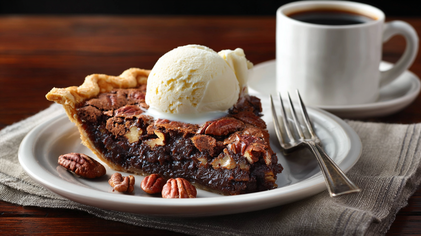 brownie-pecan-pie-slice erved slice of Brownie Pecan Pie with ice cream