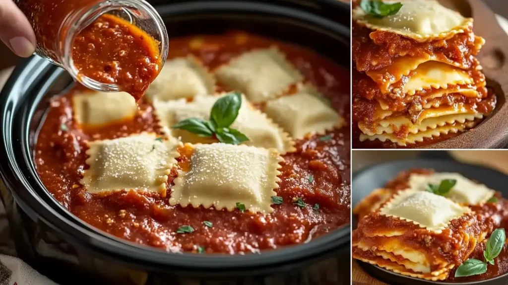 tep-by-step guide to layering Crockpot Ravioli Lasagna in a slow cooker.