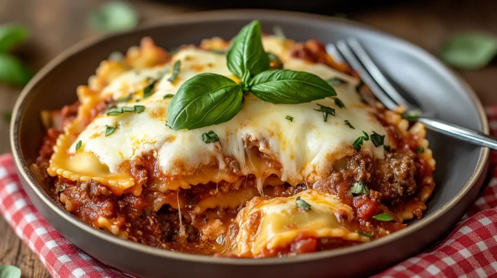 A plate of Crockpot Ravioli Lasagna with gooey cheese and basil.