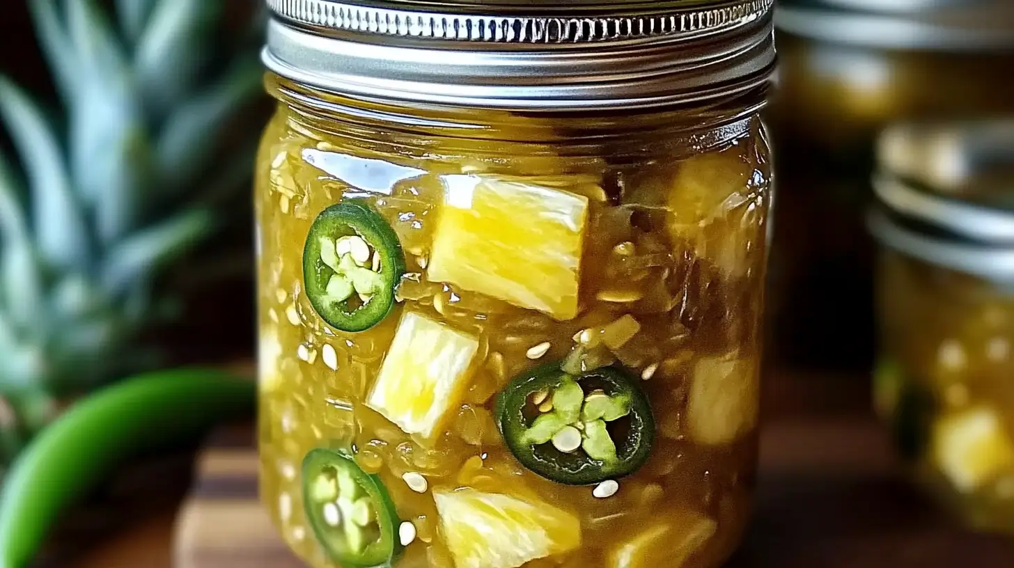 Pineapple Cowboy Candy in a mason jar with jalapeños and pineapple chunks.
