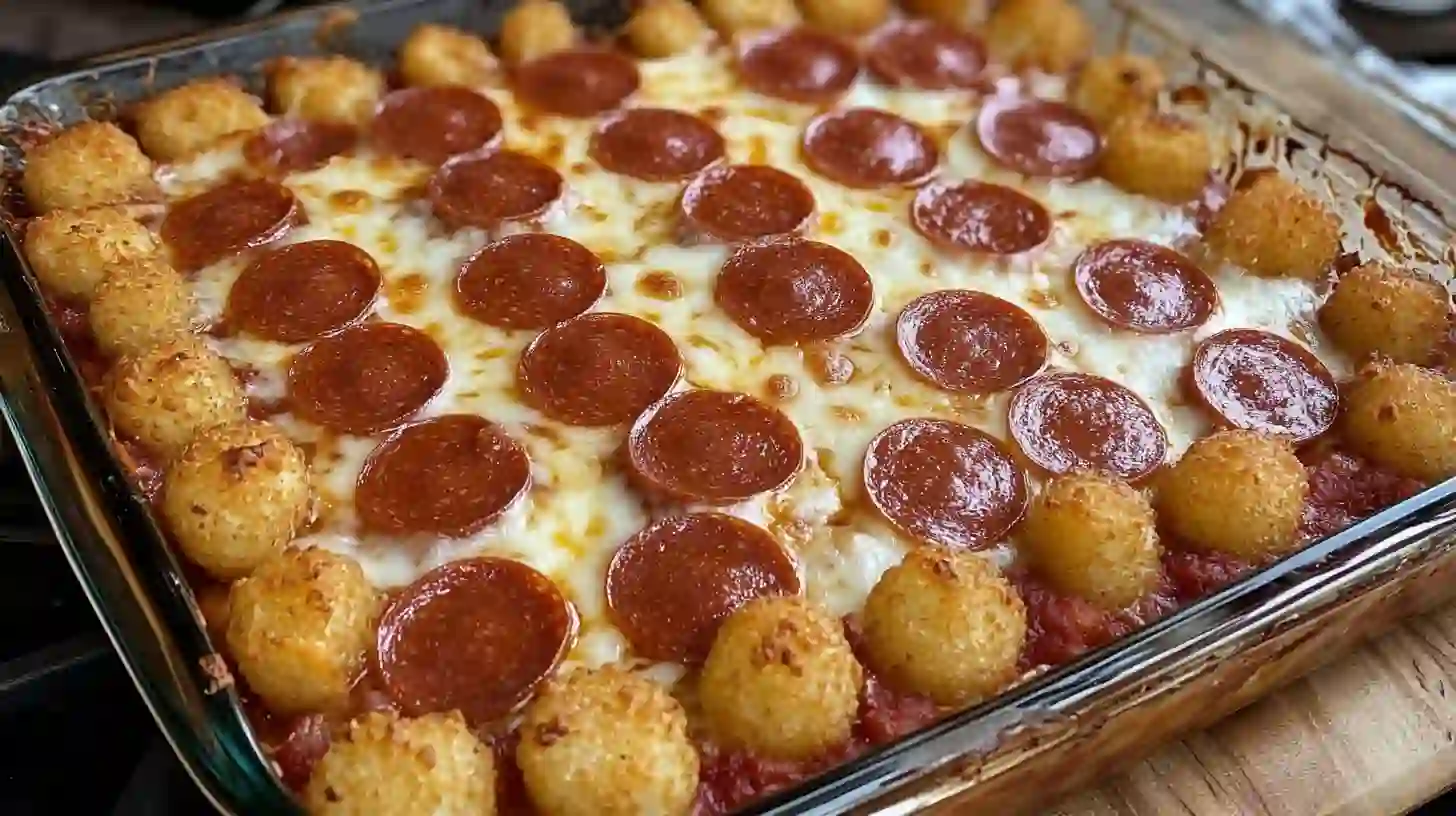 Tater Tot Pizza Casserole baked with cheese and pepperonI ater Tot Pizza Casserole baked with cheese and pepperoni