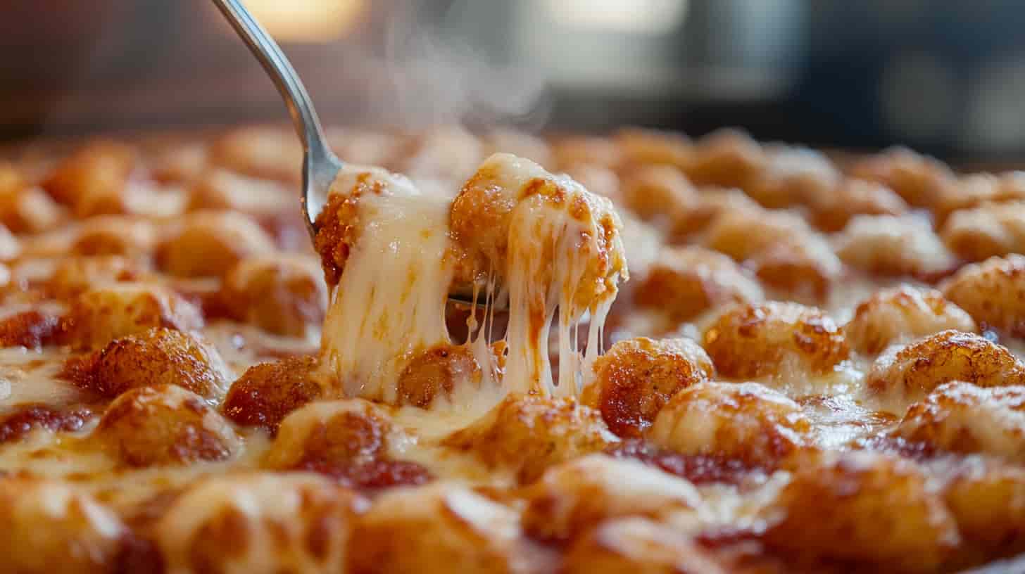 Inside of a cheesy Tater Tot Pizza Casserole