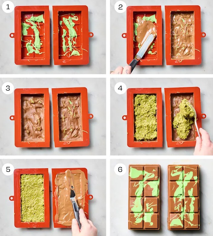 Dubai Chocolate Bar with Pistachio Filling and Chocolate Shards Step-by-step process of making Dubai chocolate bars in silicone molds