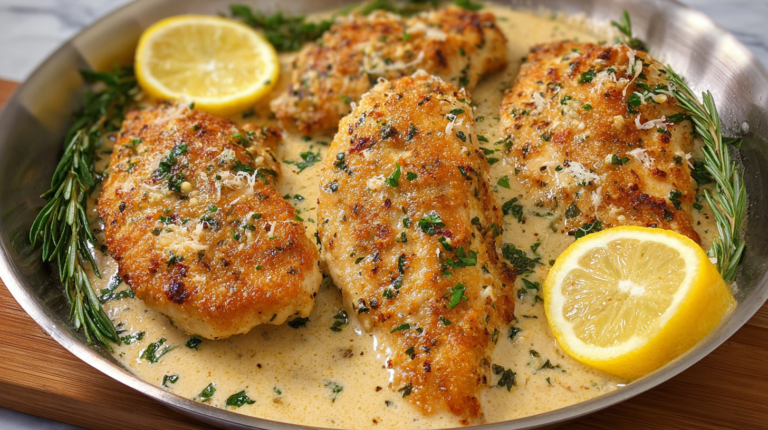 Proven Garlic Parmesan Chicken in Cream Sauce with Lemon and Rosemary Garnish