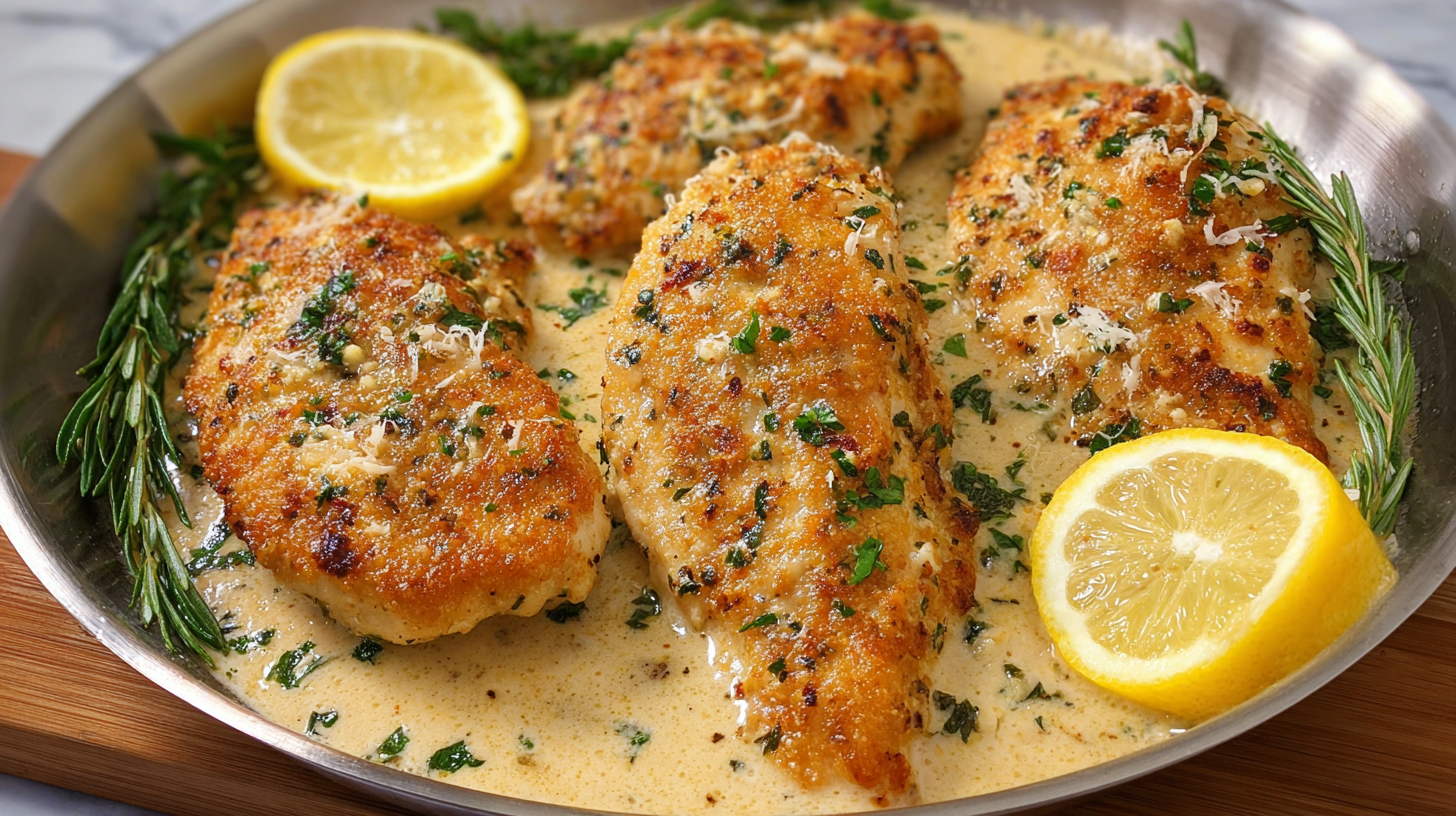 Proven Garlic Parmesan Chicken in Cream Sauce with Lemon and Rosemary Garnish