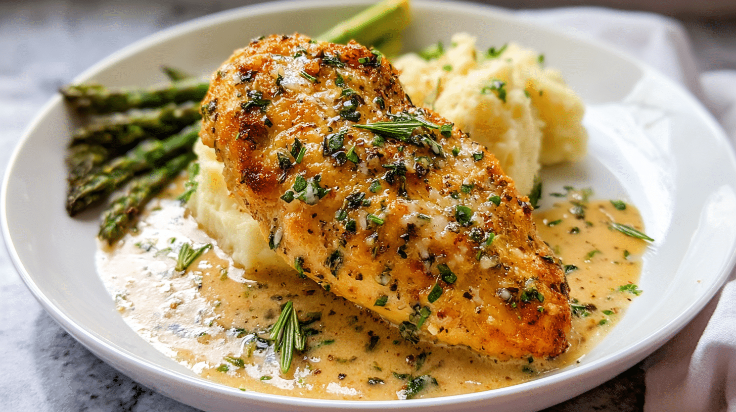 Garlic Parmesan Chicken with Creamy Herb Sauce Garlic parmesan chicken served with mashed potatoes, creamy sauce, and roasted asparagus