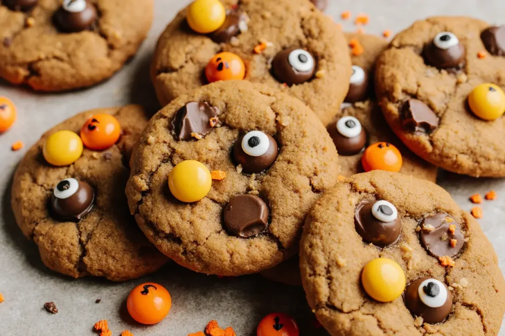 A stack of Halloween chocolate chip cookies decorated with candy eyeballs, orange sprinkles, and melted chocolate chips, perfect for a spooky treat
