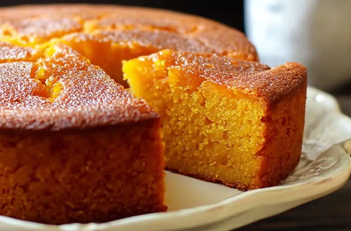 Close-up of a moist golden orange cake with one slice cut out, showing its fluffy texture, served on a white ceramic plate.