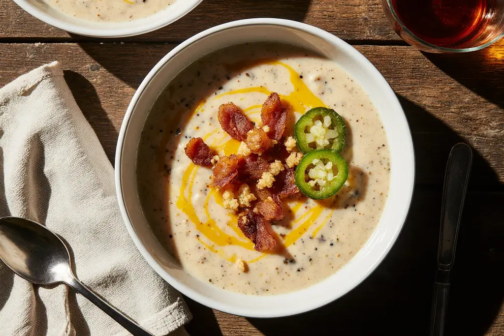 Creamy Jalapeño Popper Soup in a white bowl topped with bacon, cheddar, and jalapeño slices.