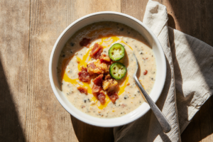 Creamy Jalapeño Popper Soup in a white bowl topped with bacon, cheddar, and jalapeño slices.