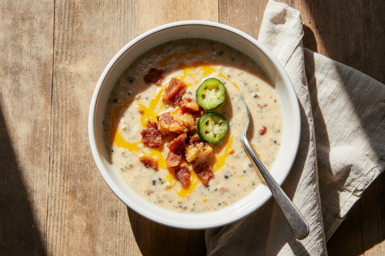 Creamy Jalapeño Popper Soup in a white bowl topped with bacon, cheddar, and jalapeño slices.