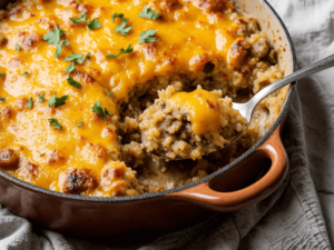 the best Cheesy Hamburger Rice Casserole with golden melted cheddar