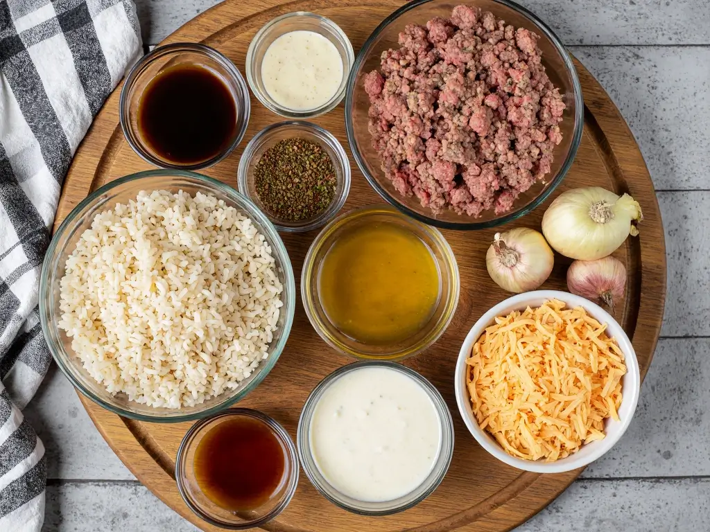 Ingredients for Cheesy Hamburger Rice Casserole on a board