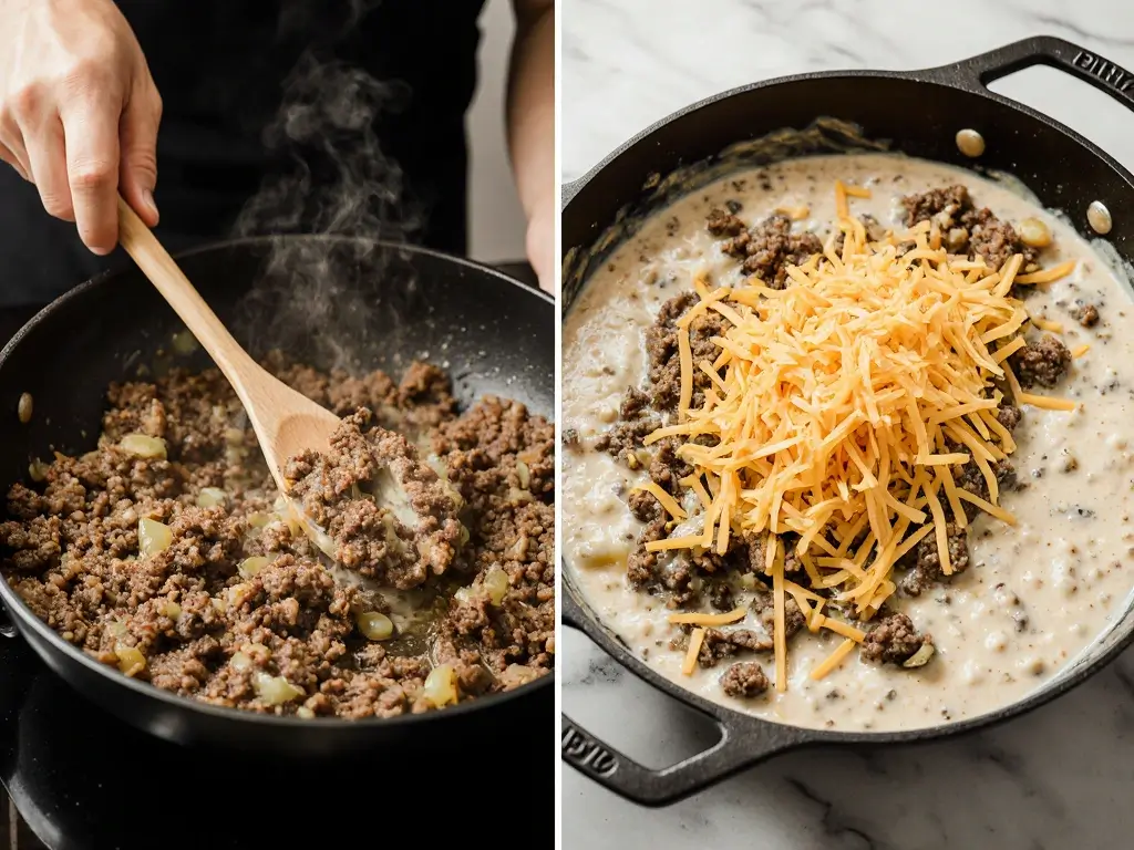 Browning beef with onions and garlic
