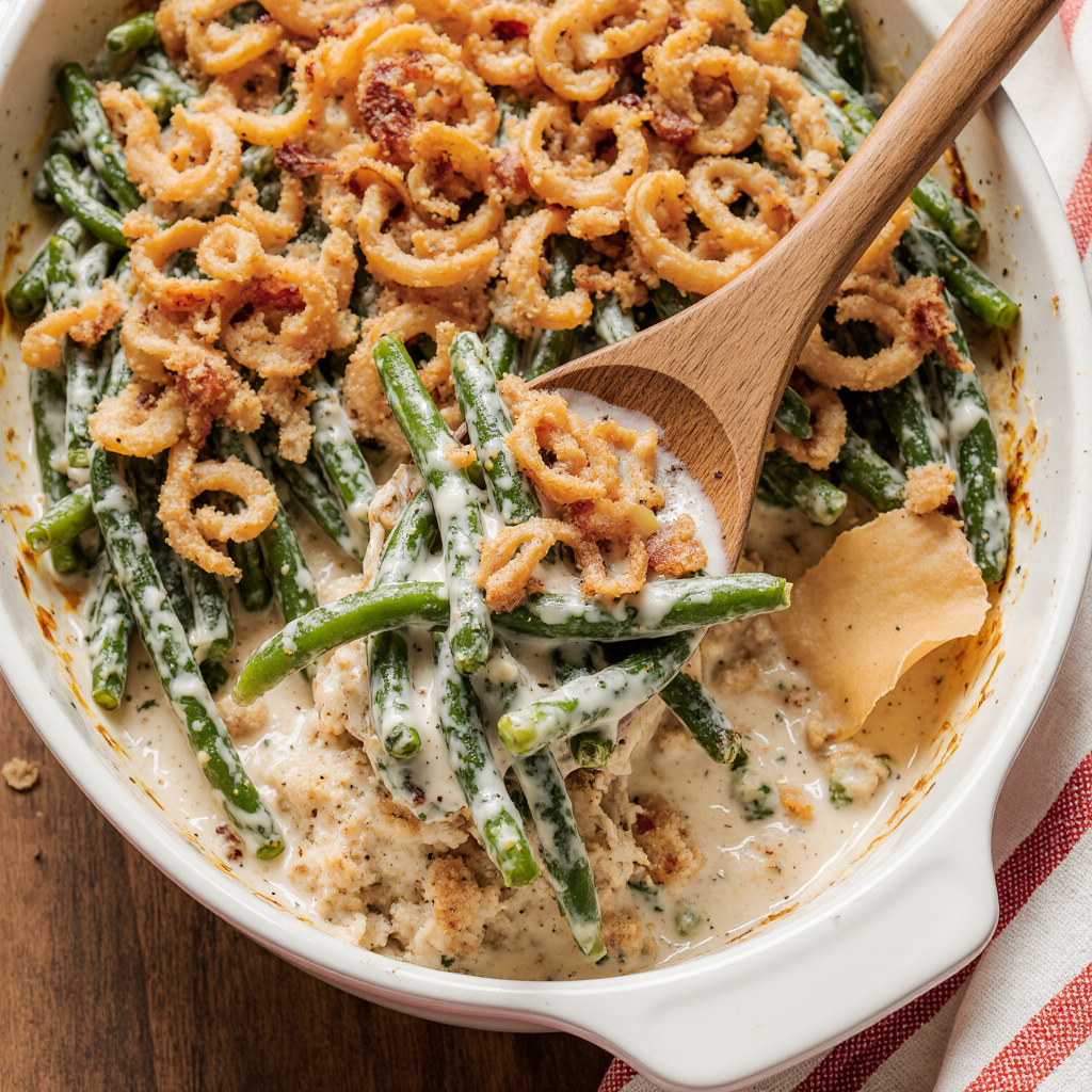 Finished Green Bean Casserole with Creamy Sauce and Crispy Onion Topping – Baked and Ready to Serve