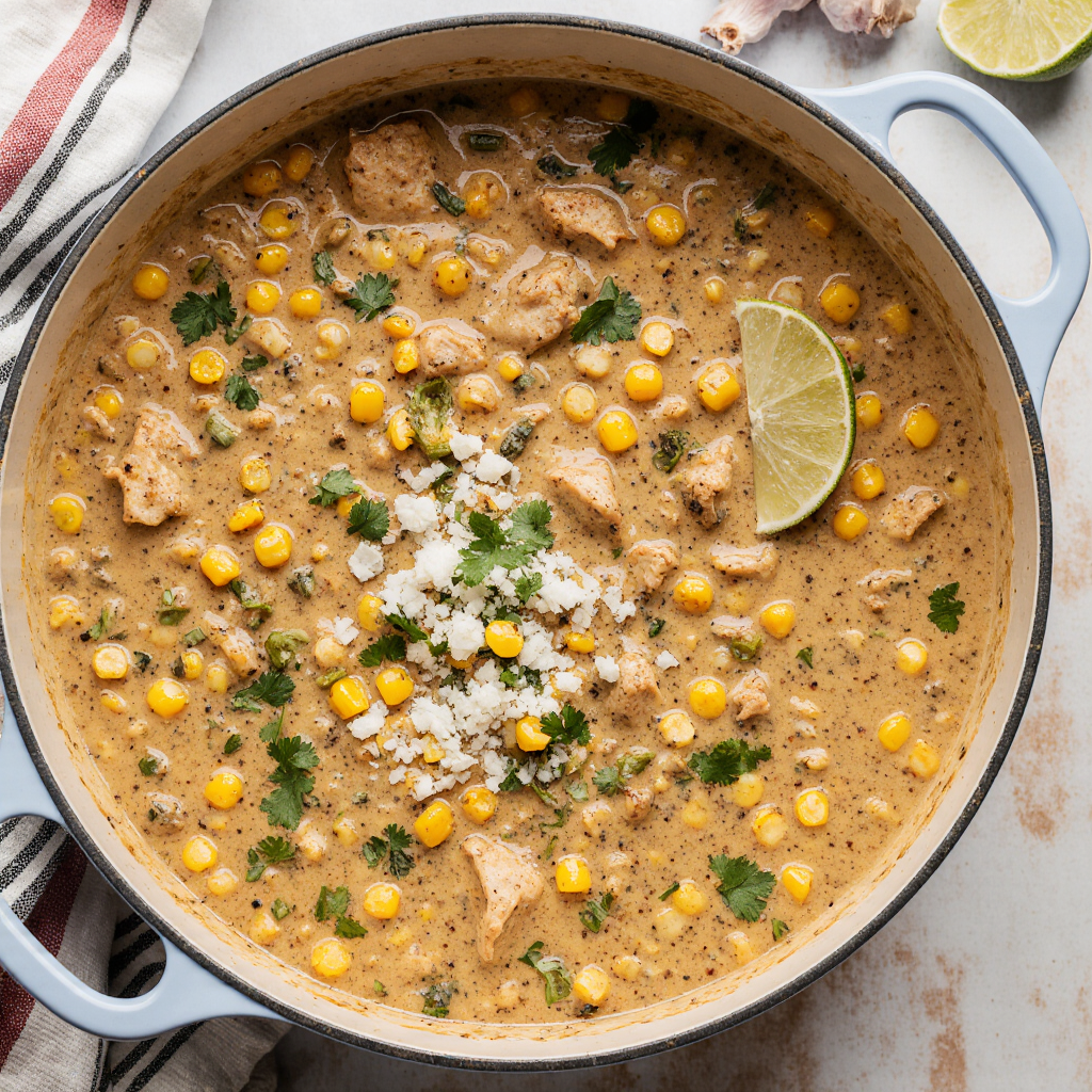 Creamy Mexican street corn chicken chili in a pot, garnished with crumbled cheese, cilantro, and a wedge of lime.