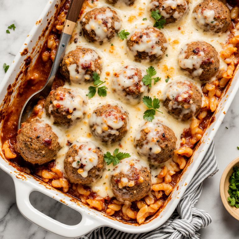 Cheesy meatball pasta casserole baked in a white ceramic dish, topped with melted mozzarella and fresh herbs.