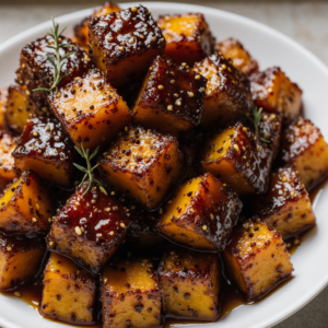 Tested Butternut Squash Cubes with Crispy Caramelized Edges and Rosemary Garnish