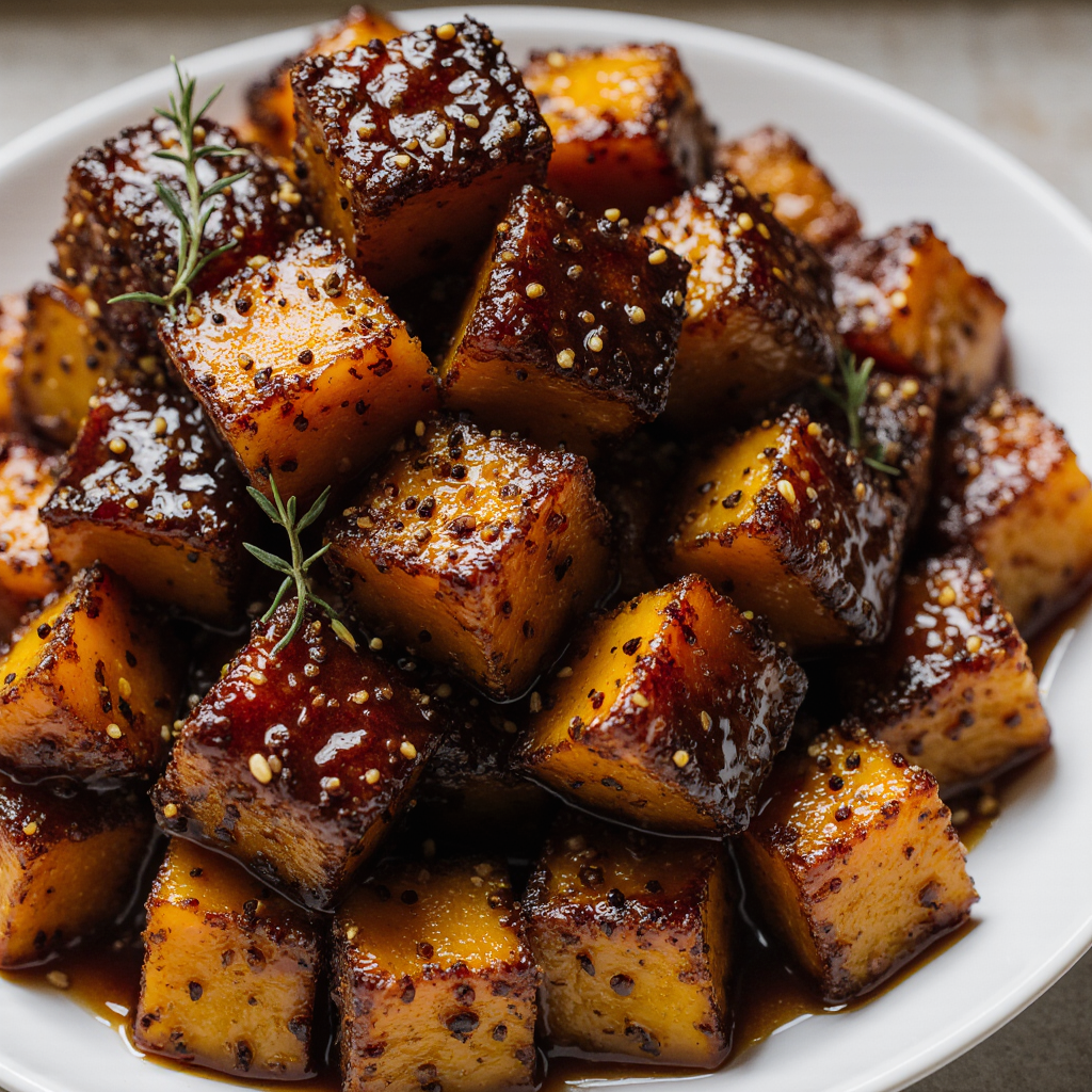 Tested Butternut Squash Cubes with Crispy Caramelized Edges and Rosemary Garnish