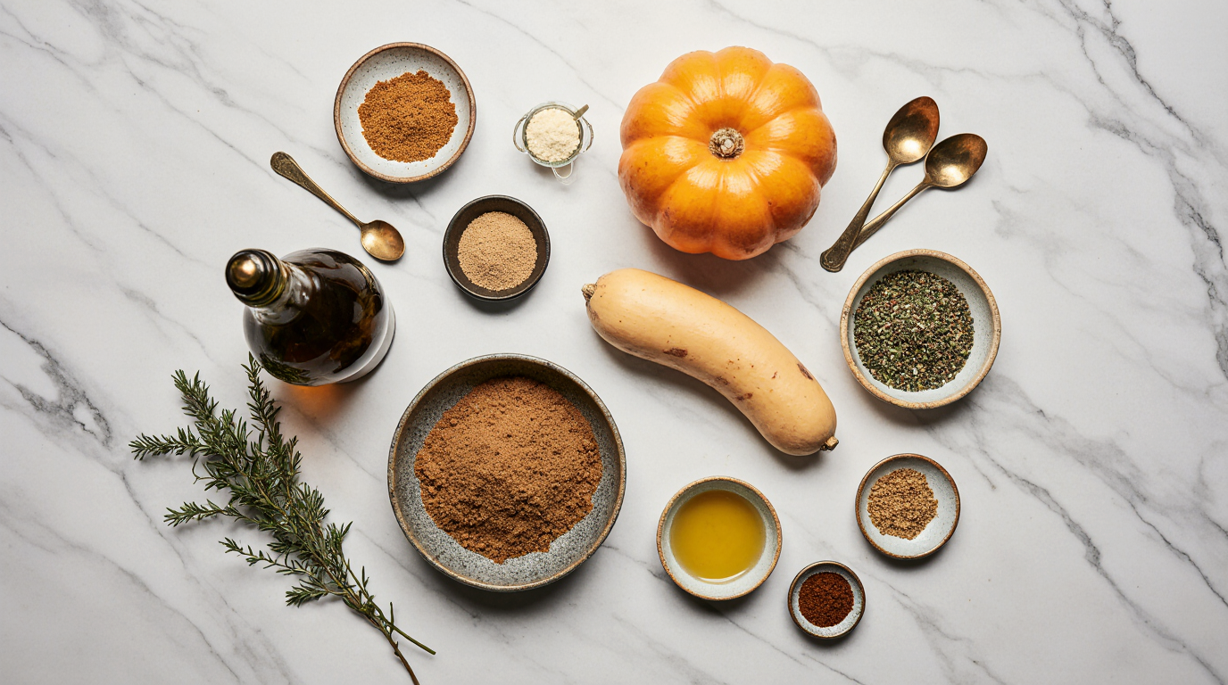 Flat Lay of Ingredients for Caramelized Butternut Squash – Spices, Oils, Fresh Herbs