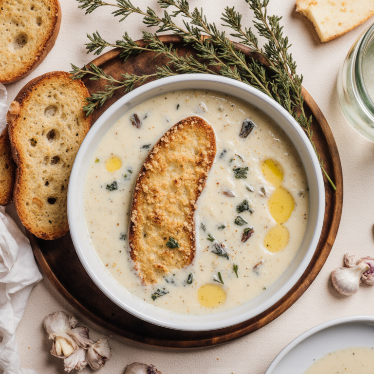 French garlic soup in a rustic bowl with softened garlic cloves and toasted baguette.