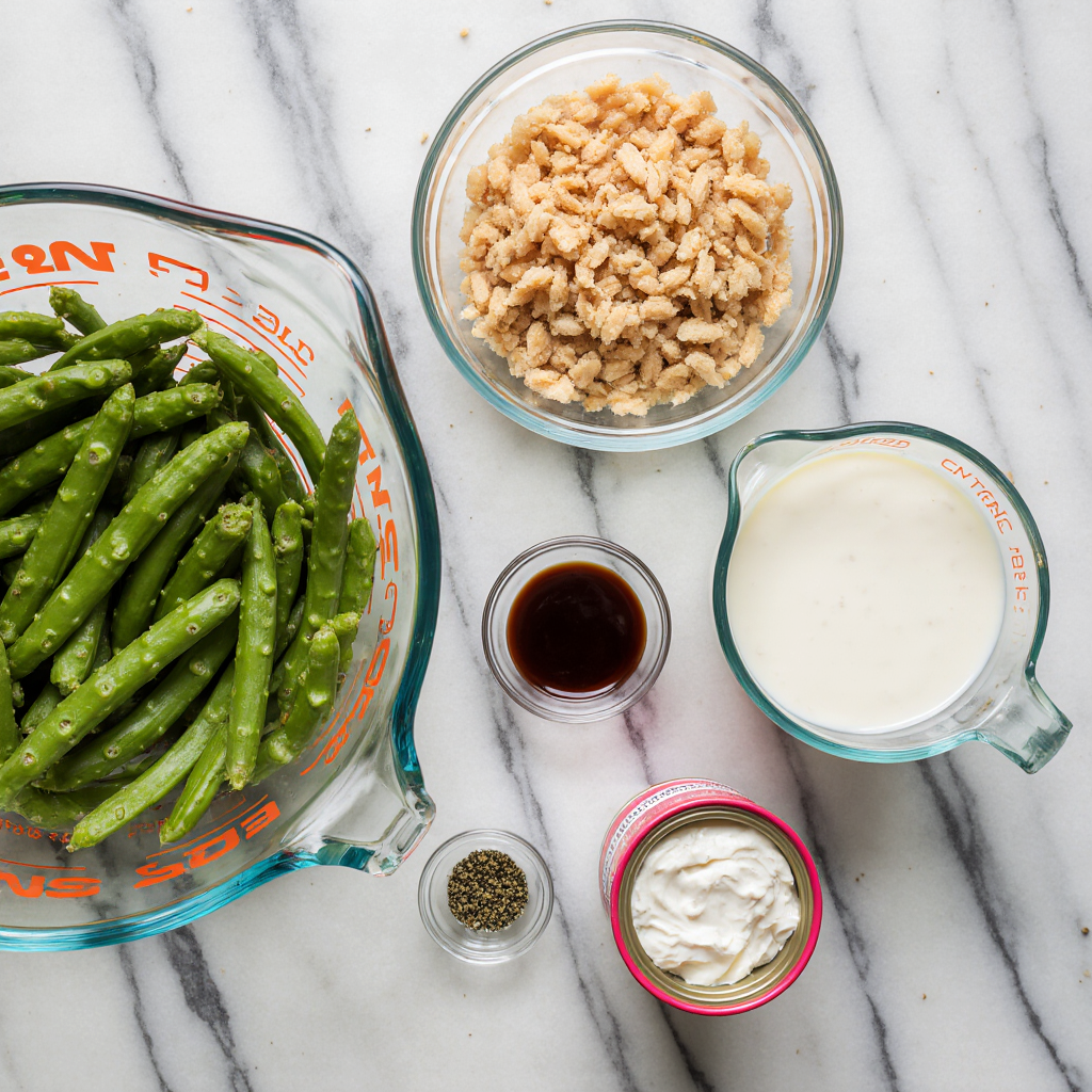 Flat Lay of Green Bean Casserole Ingredients – Fresh Beans, Cream Soup, Milk, Crispy Onions, and Seasoning