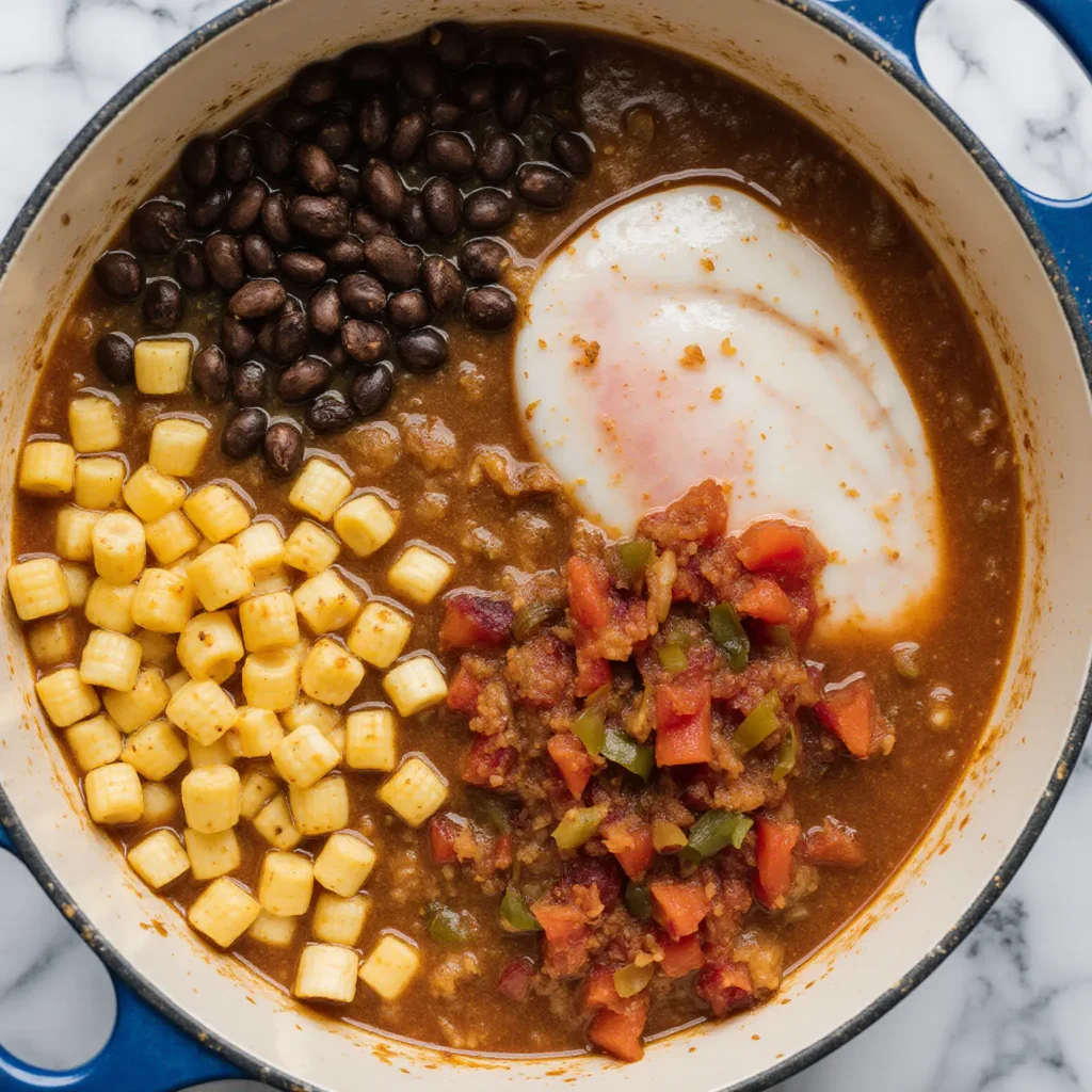 Overhead view of creamy baked potato salad topped with cheddar cheese, crispy bacon, and green onions in a speckled bowl.