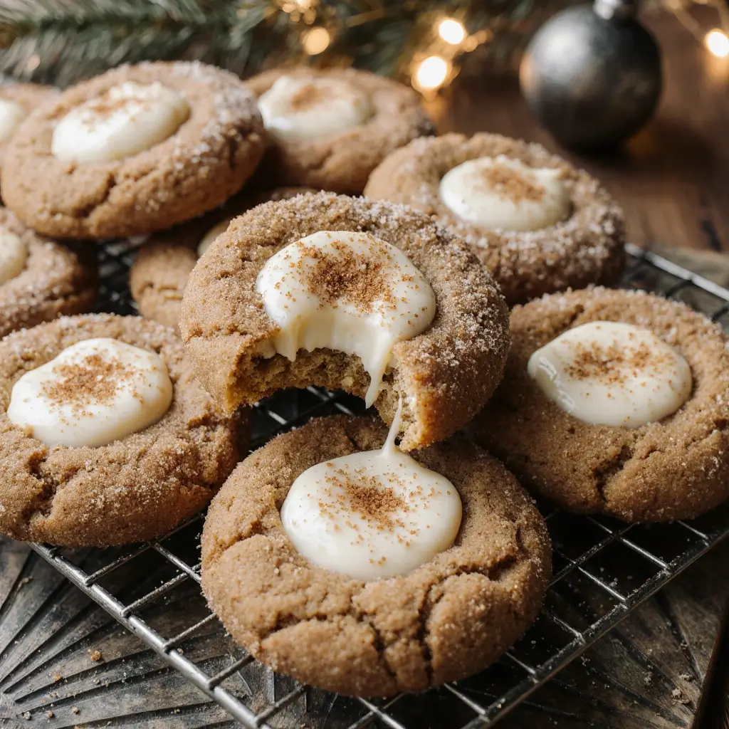 Eggnog snickerdoodle thumbprint cookies with creamy eggnog filling and cinnamon sugar coating