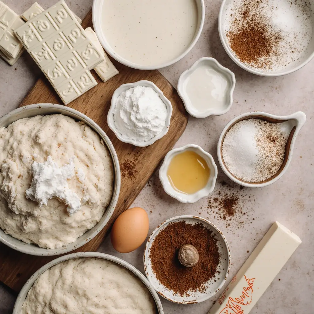 Ingredients for eggnog snickerdoodle thumbprint cookies including eggnog and cream cheese