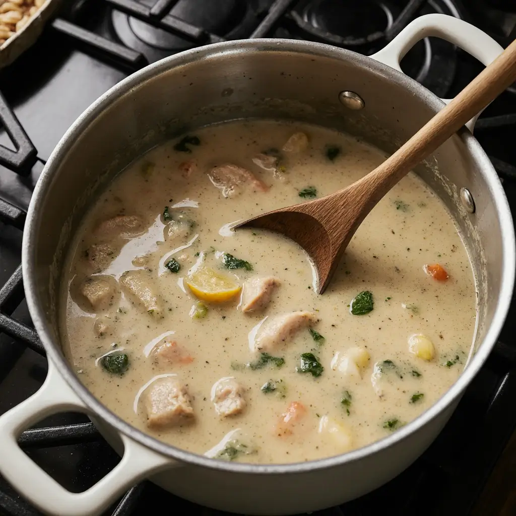 Overhead cooking scene of chicken pot pie soup simmering in a large pot on stovetop, creamy broth with vegetables and chicken visible, wooden spoon stirring soup, steam rising, cozy kitchen atmosphere, warm lighting, candid cooking moment, realistic food photography, shallow depth of field