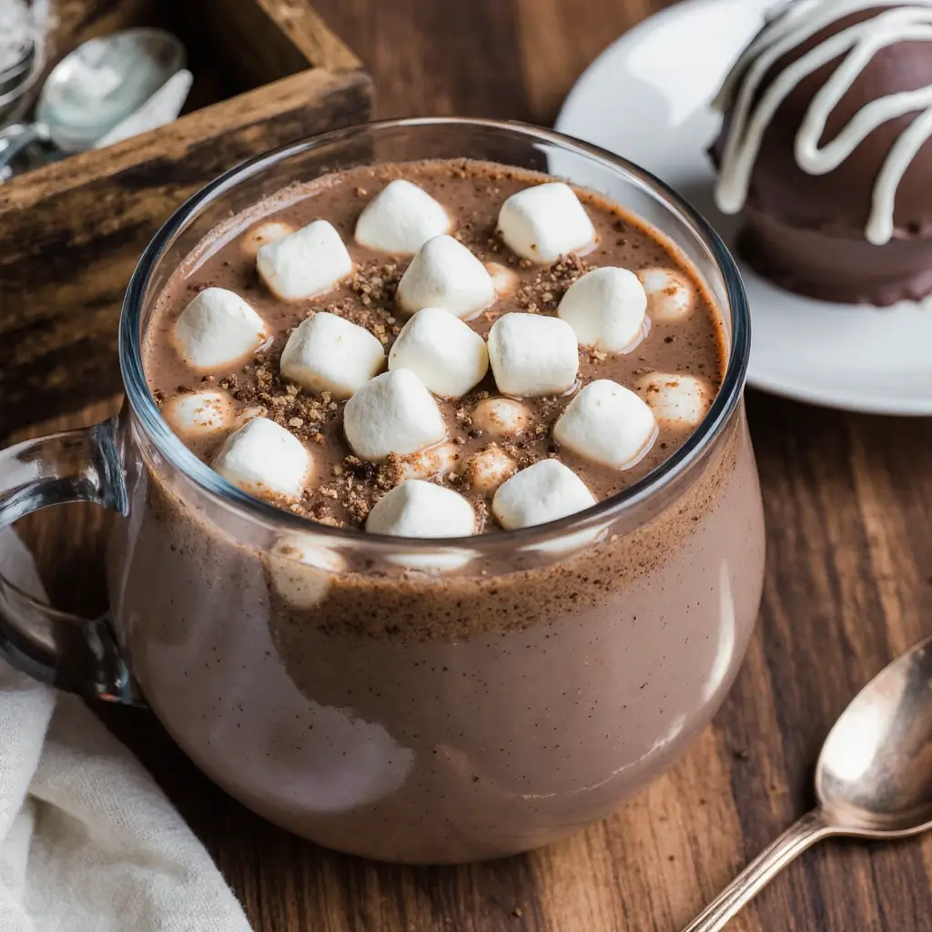 Creamy hot chocolate topped with mini marshmallows in a glass mug on a wooden table