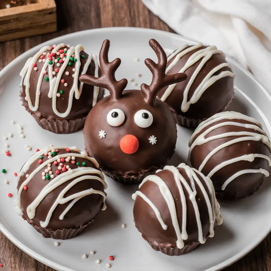 Chocolate cake pops decorated as a reindeer with white chocolate drizzle and festive sprinkles on a plate