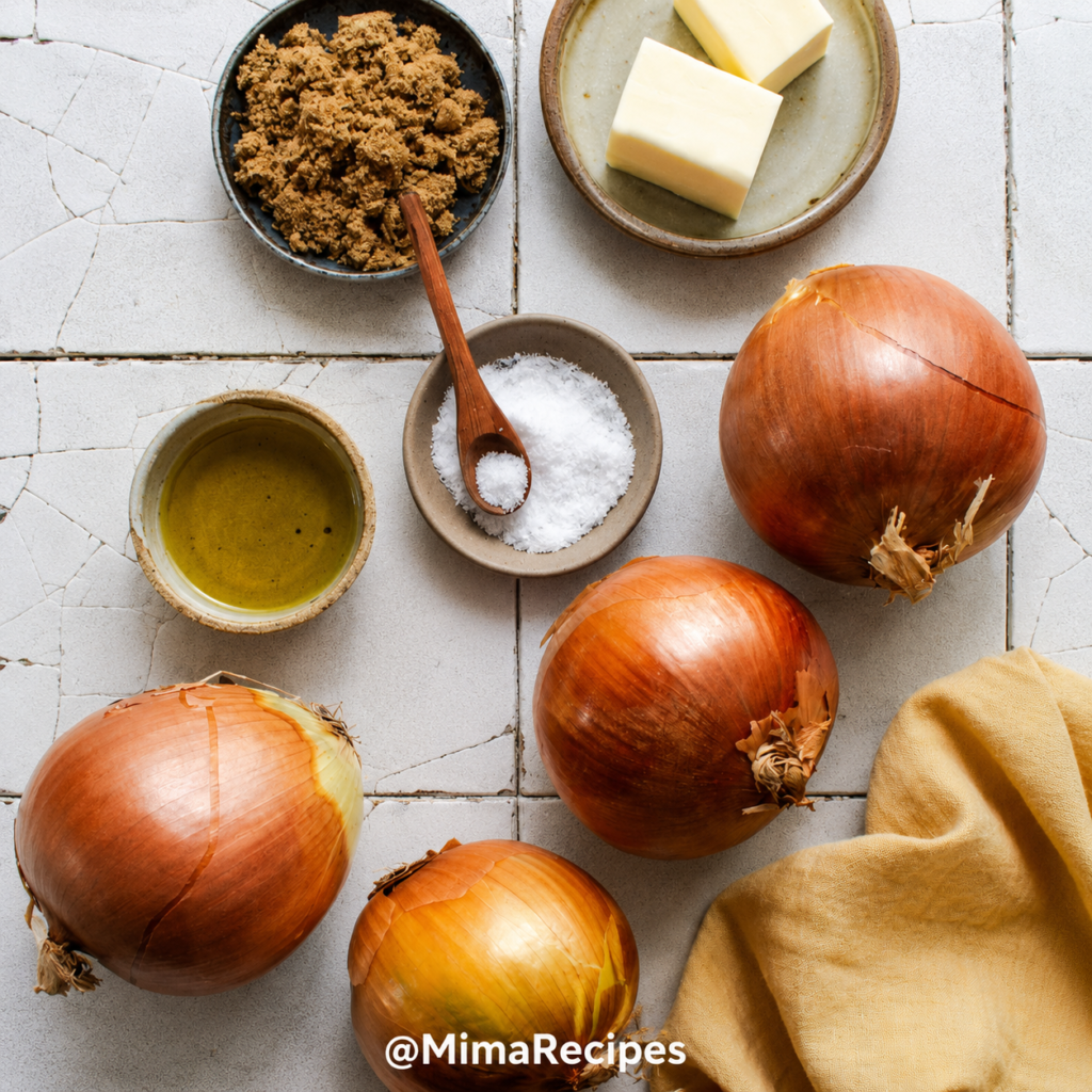 Ingredients for caramelized onions including yellow onions, butter, olive oil, brown sugar, and salt arranged on a light countertop.