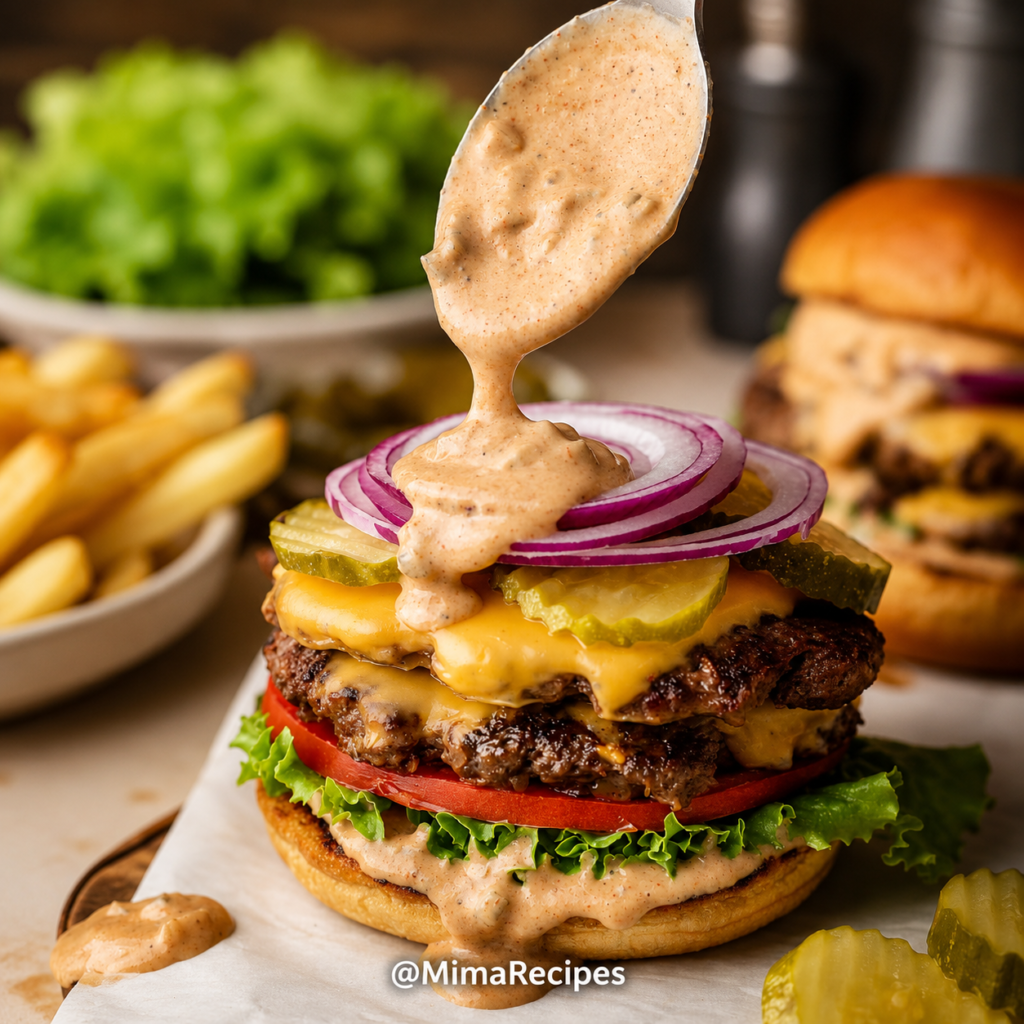 Close-up of a homemade double cheeseburger topped with cheddar cheese, lettuce, tomato, pickles, red onion, and creamy burger sauce being poured over the top.