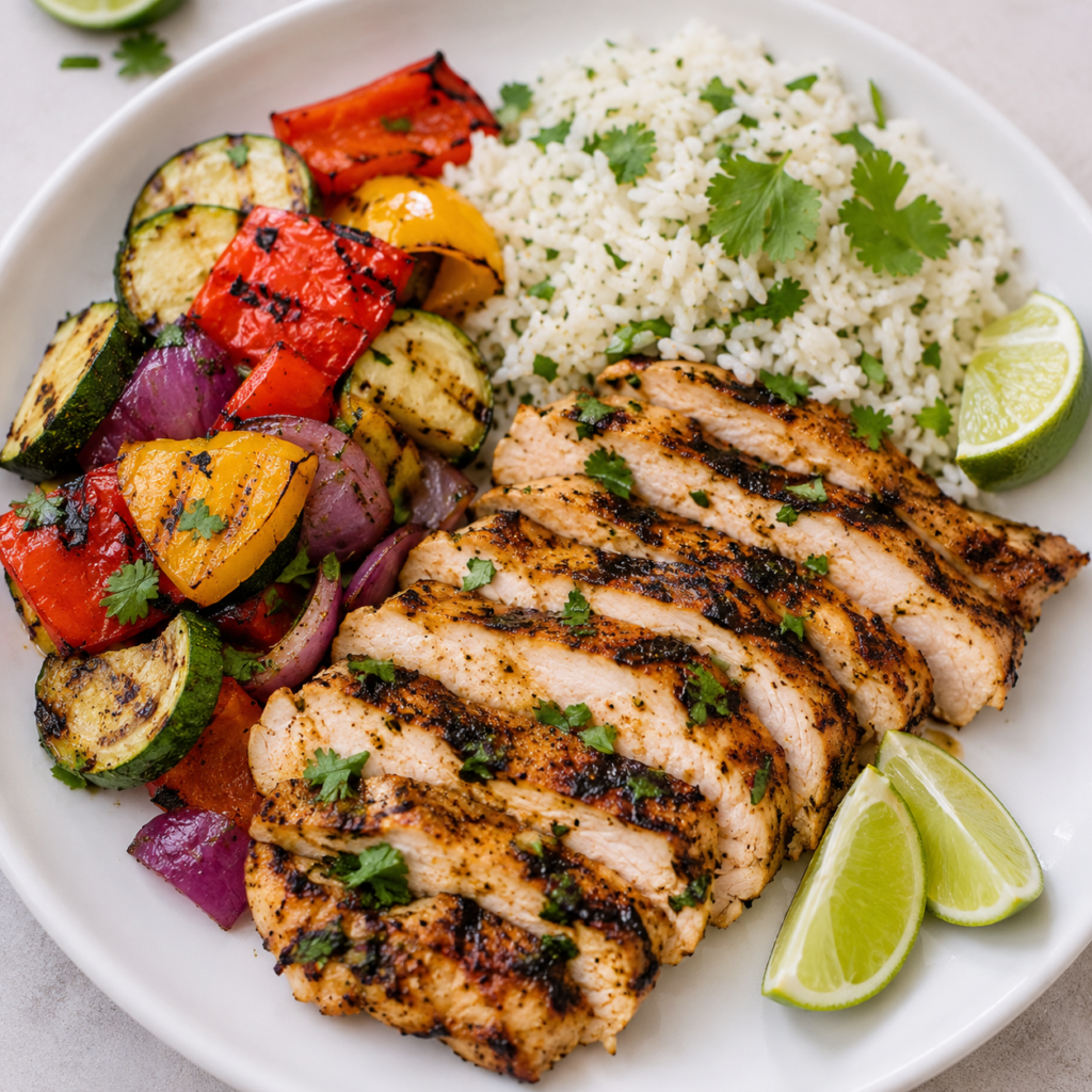 Juicy sliced tequila lime chicken served with cilantro lime rice, grilled vegetables, and fresh lime wedges on a white dinner plate.