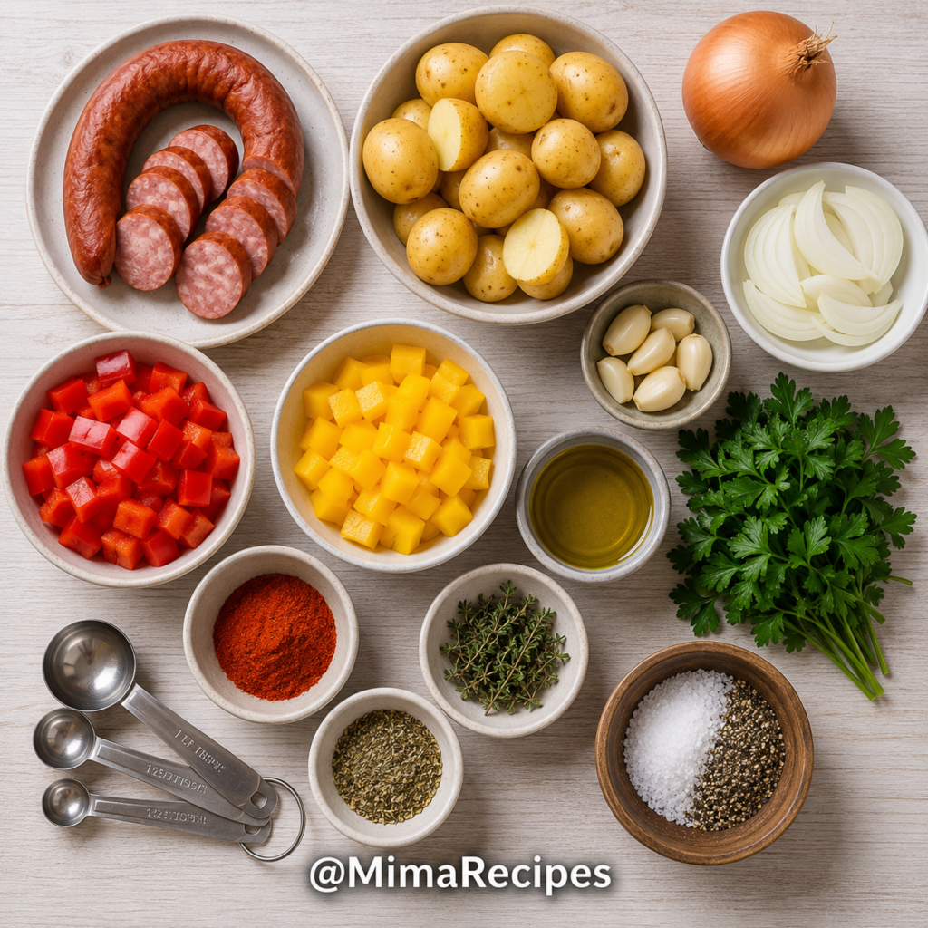 Flat lay of smoked sausage, baby Yukon Gold potatoes, onions, red and yellow bell peppers, garlic, olive oil, paprika, Italian seasoning, thyme, parsley, salt, pepper, and measuring spoons arranged on a light wooden countertop.