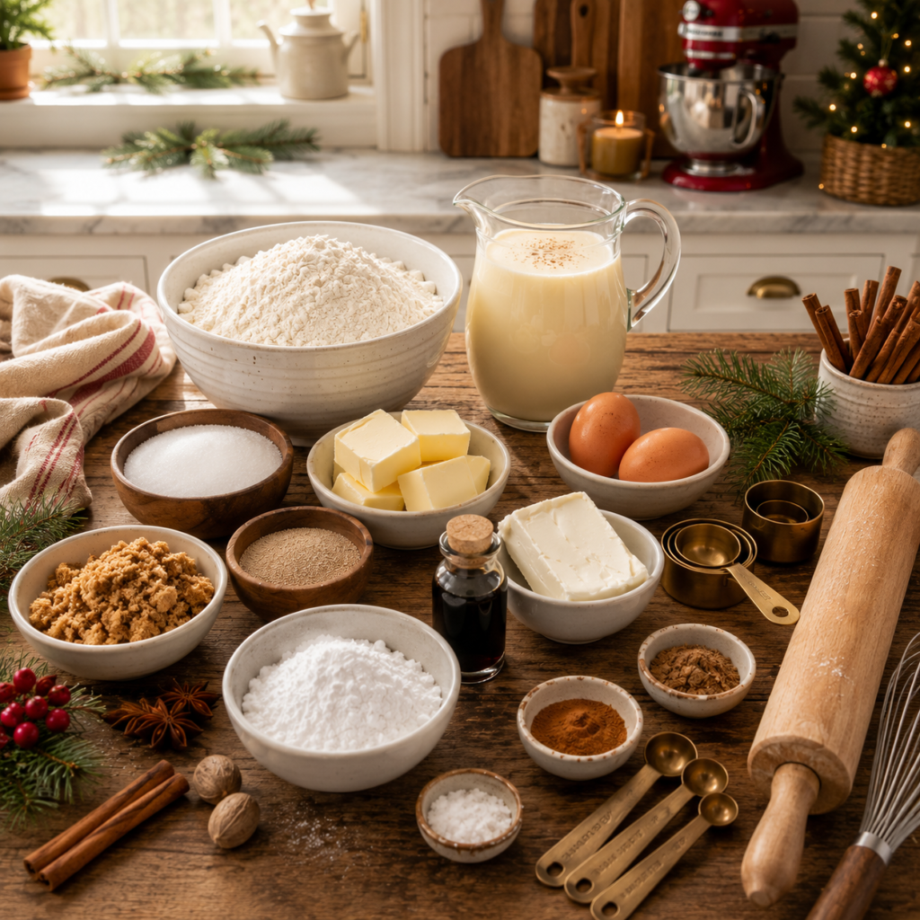 Overhead flat lay of all ingredients for homemade Eggnog Cinnamon Rolls arranged on a rustic farmhouse kitchen table.