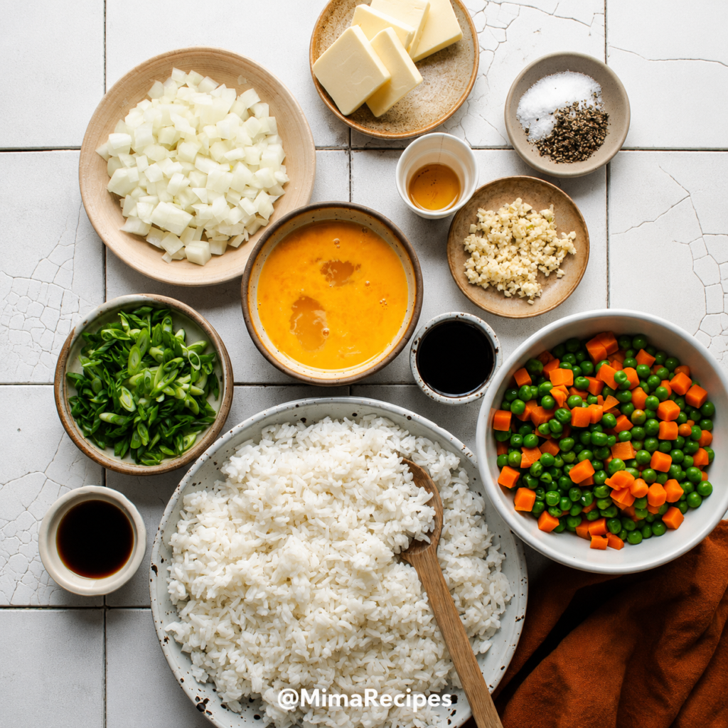 Overhead view of fried rice ingredients including cooked jasmine rice, eggs, peas, carrots, green onions, butter, garlic, soy sauce, sesame oil, salt, and pepper.