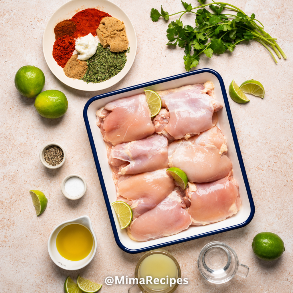 Ingredients for grilled chicken thighs including raw chicken thighs, olive oil, lime juice, spices, cilantro, and fresh limes arranged on a kitchen countertop.